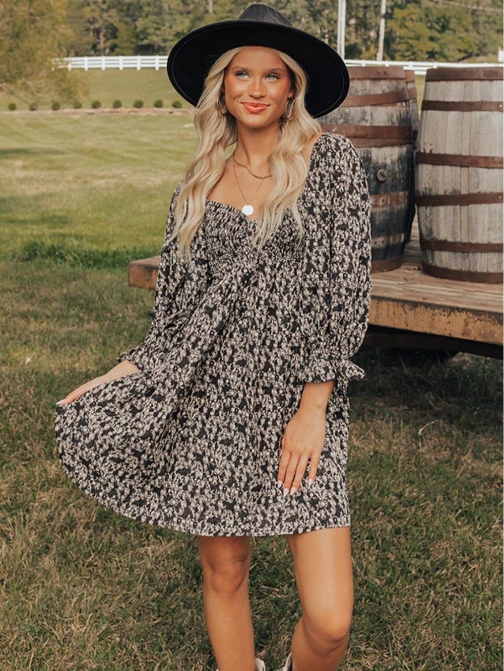 Black Floral Smocked Square-Neck Dress